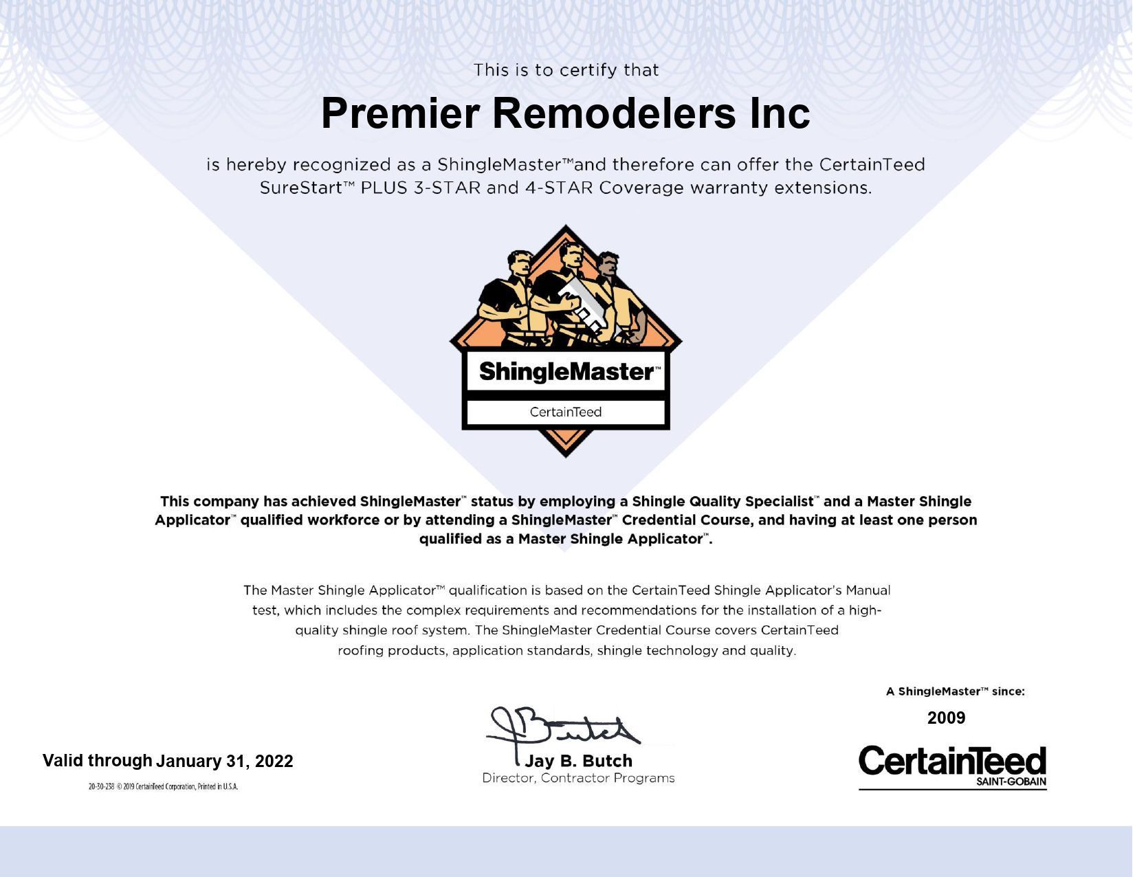 a certificate that says premier remodelers inc on it