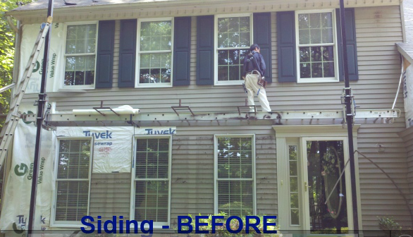 a man is standing on a ladder on the side of a house .