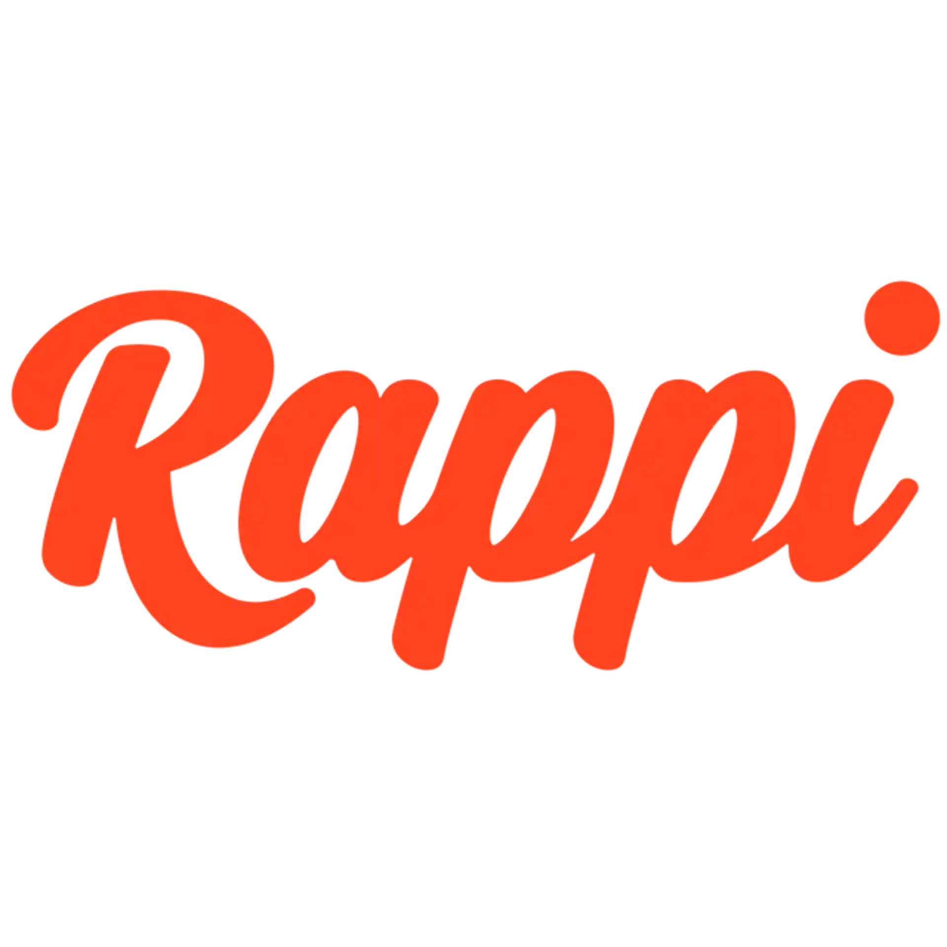 Logotipo de Rappi, texto cursivo naranja sobre fondo blanco.