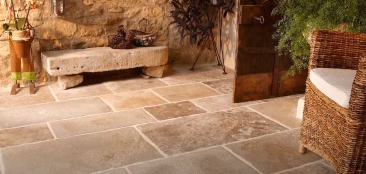 Natural stone bench, floor and walls.