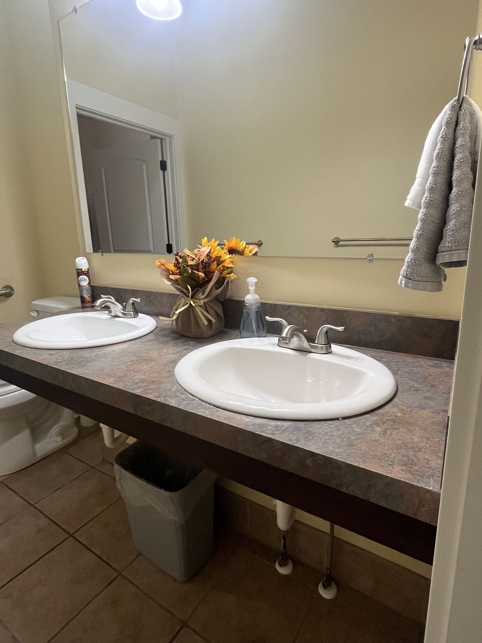 Bathroom with dual sinks, mirror, floral arrangement, and towel rack. Brown countertop, beige walls.