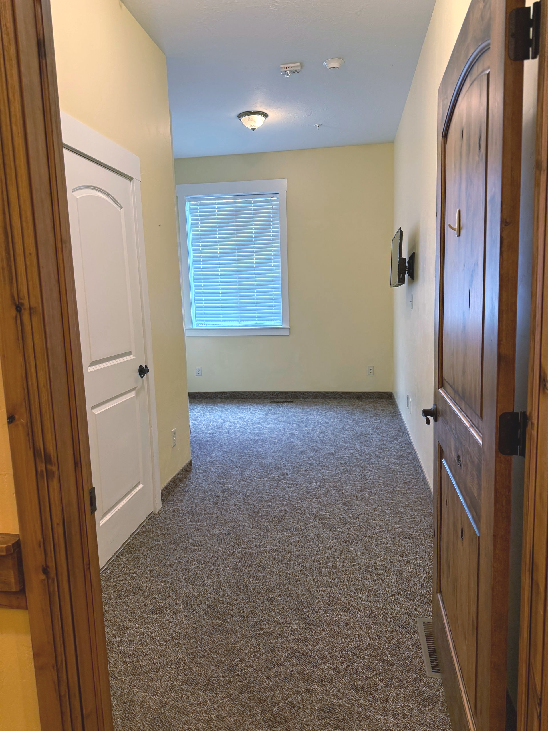 Hallway with beige walls, carpet, white door, and arched wooden door leading to a room with a window.