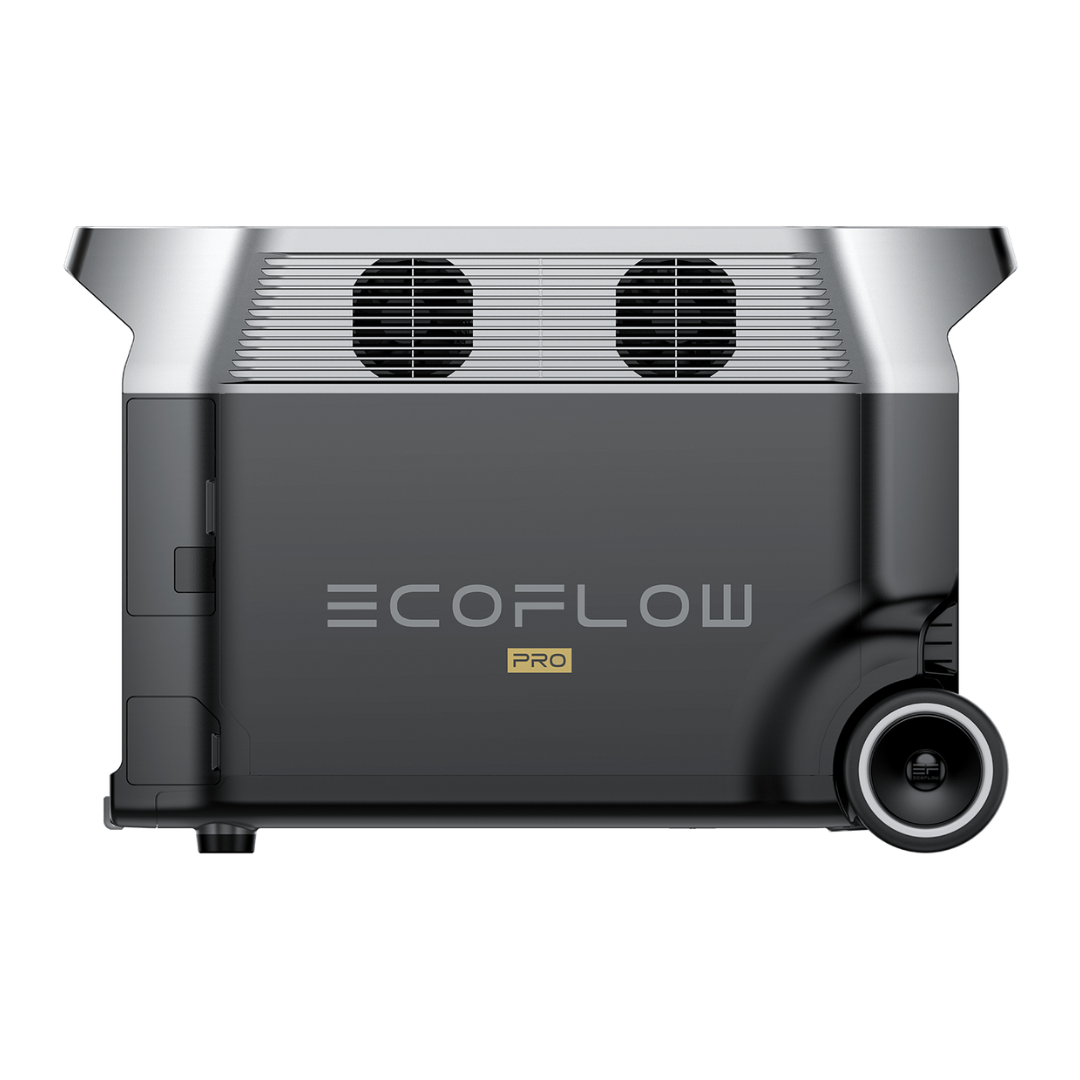 Black and silver portable power station with digital display and multiple outlets.