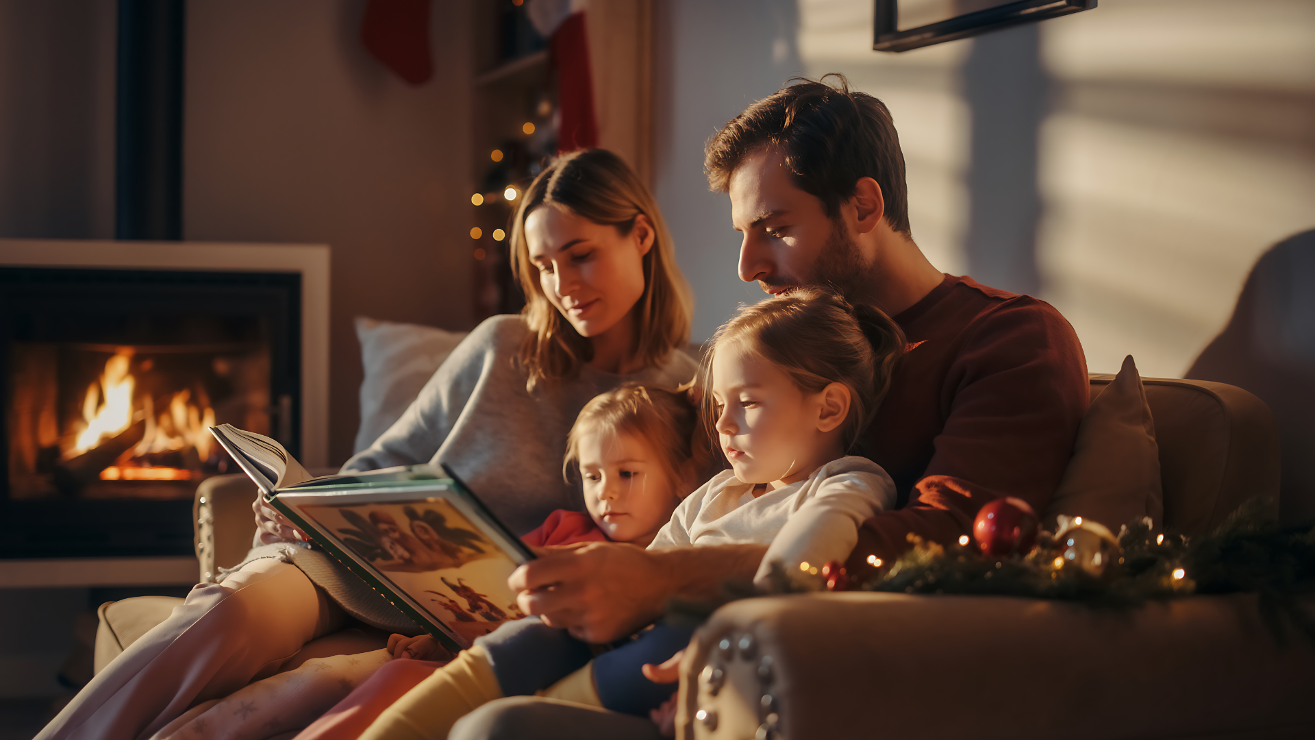 Family reading a book together by a fireplace during Winter.