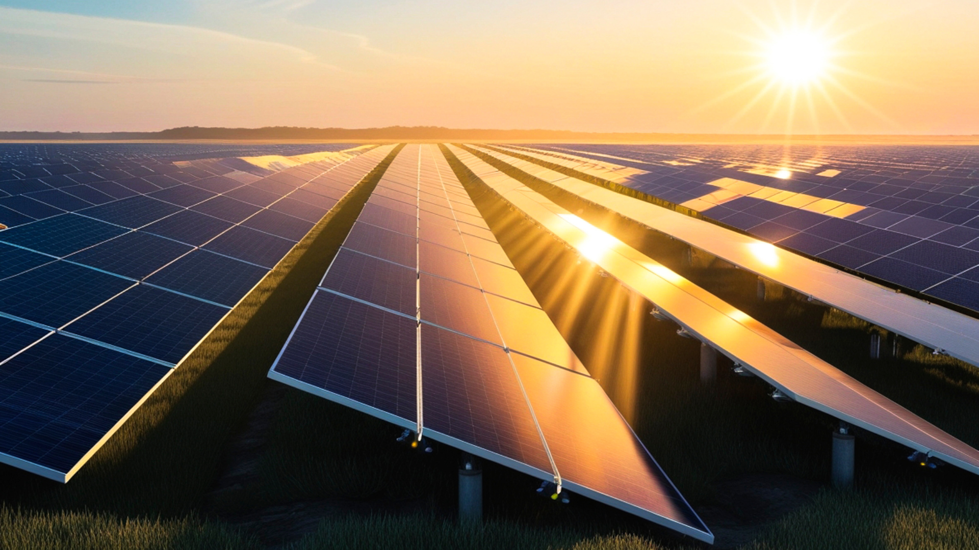 Solar panels in a field reflect sunlight at sunset.