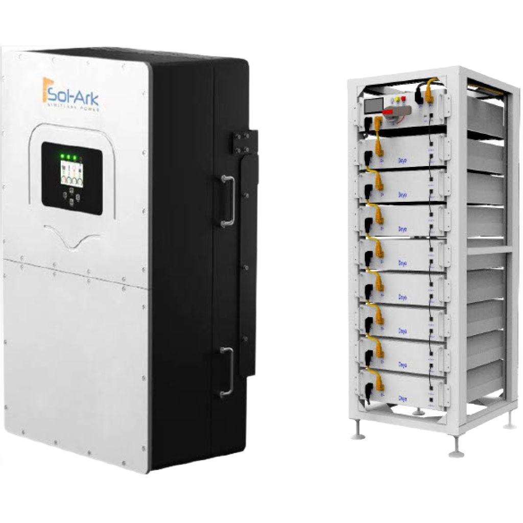 Solar inverter and battery array. White and black equipment on a white frame.
