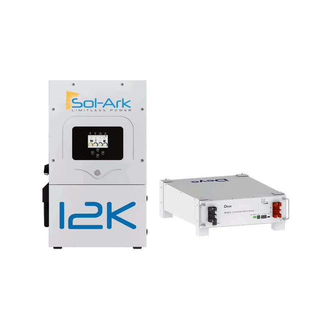 Sol-Ark 12K solar inverter and a battery module, both white with blue and yellow accents, on a white background.