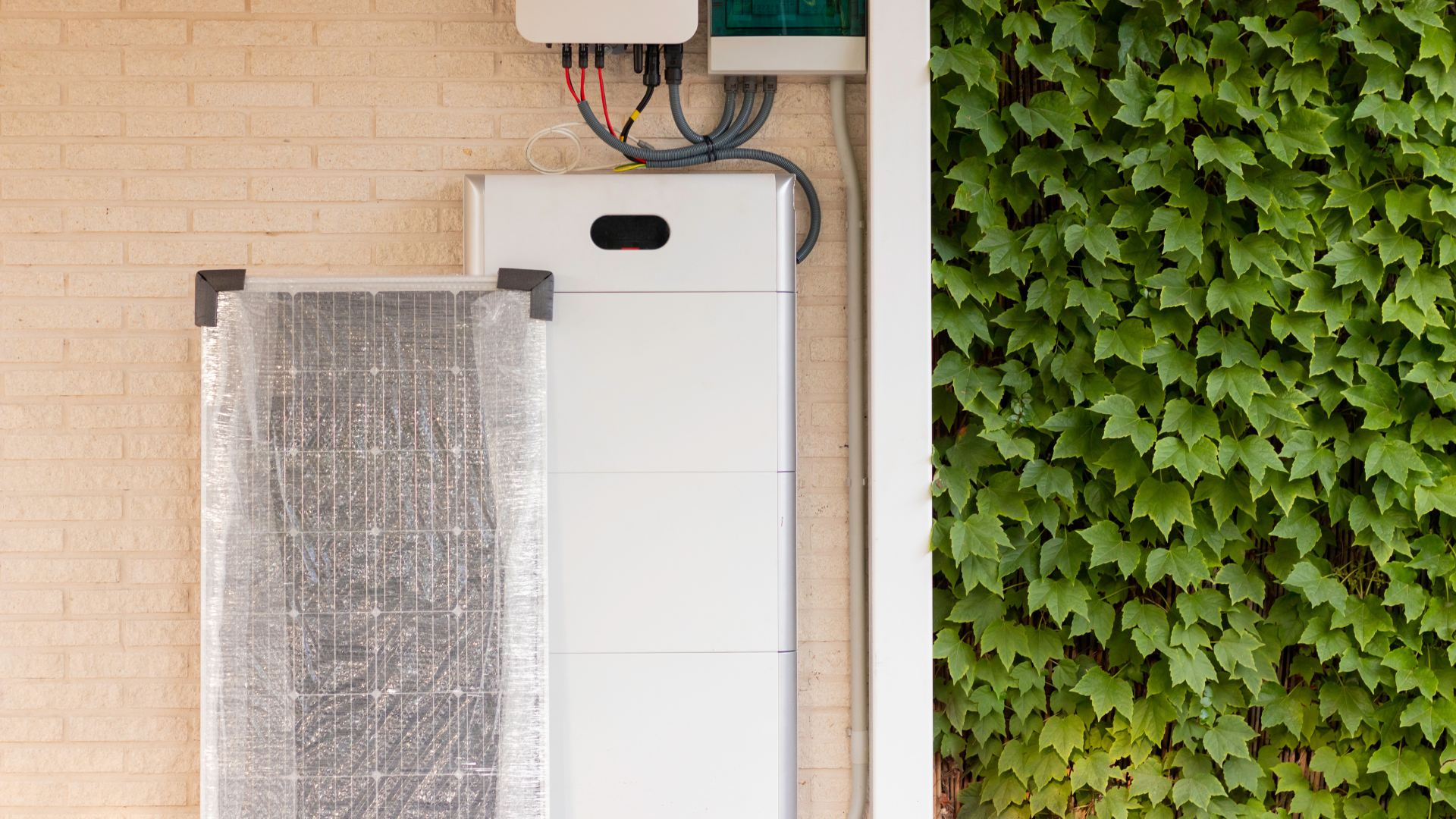 Solar panel and battery storage unit mounted on a brick wall next to a wall covered in green ivy.