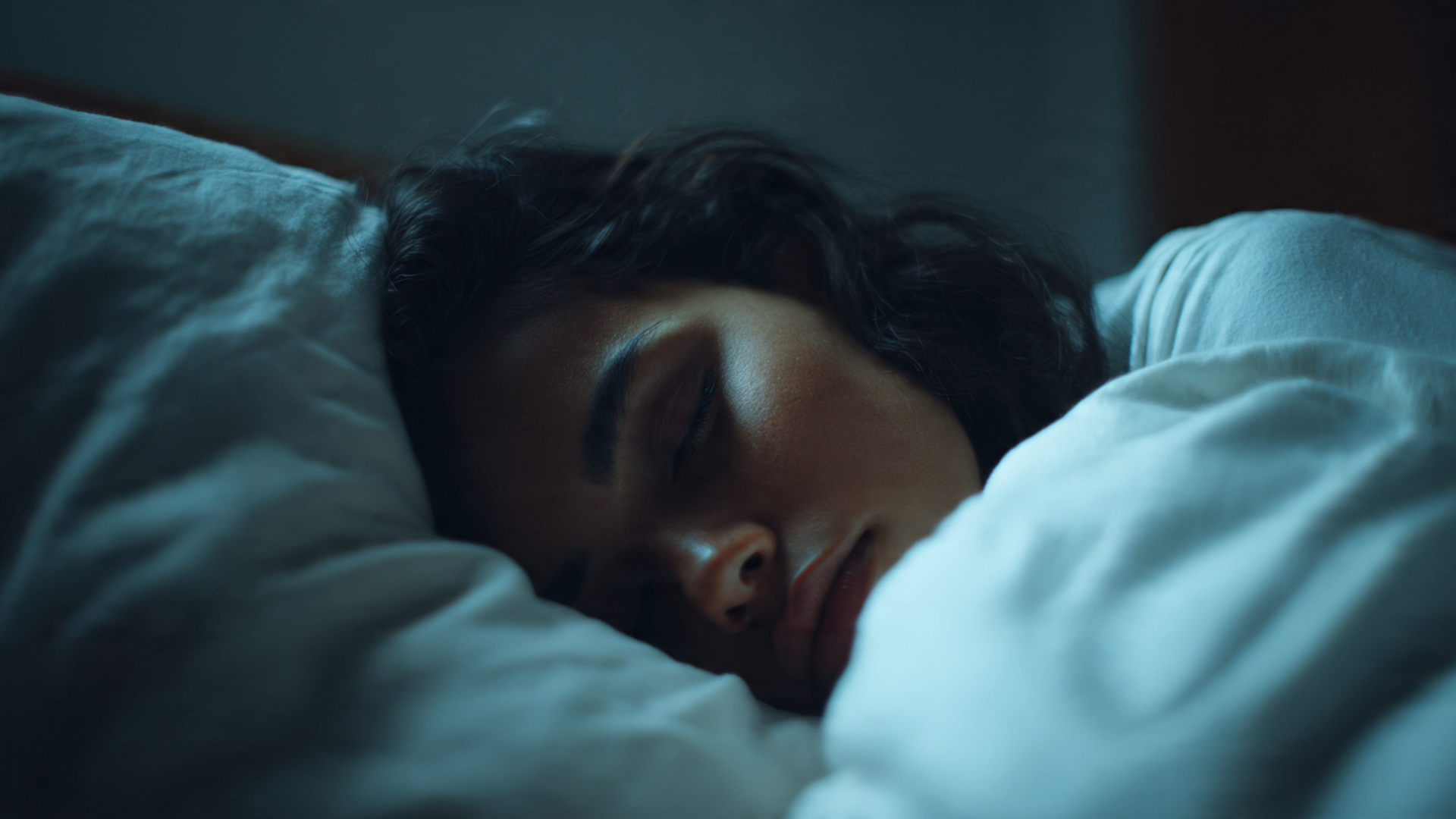 Woman asleep in bed, covered with a white blanket, close up shot.