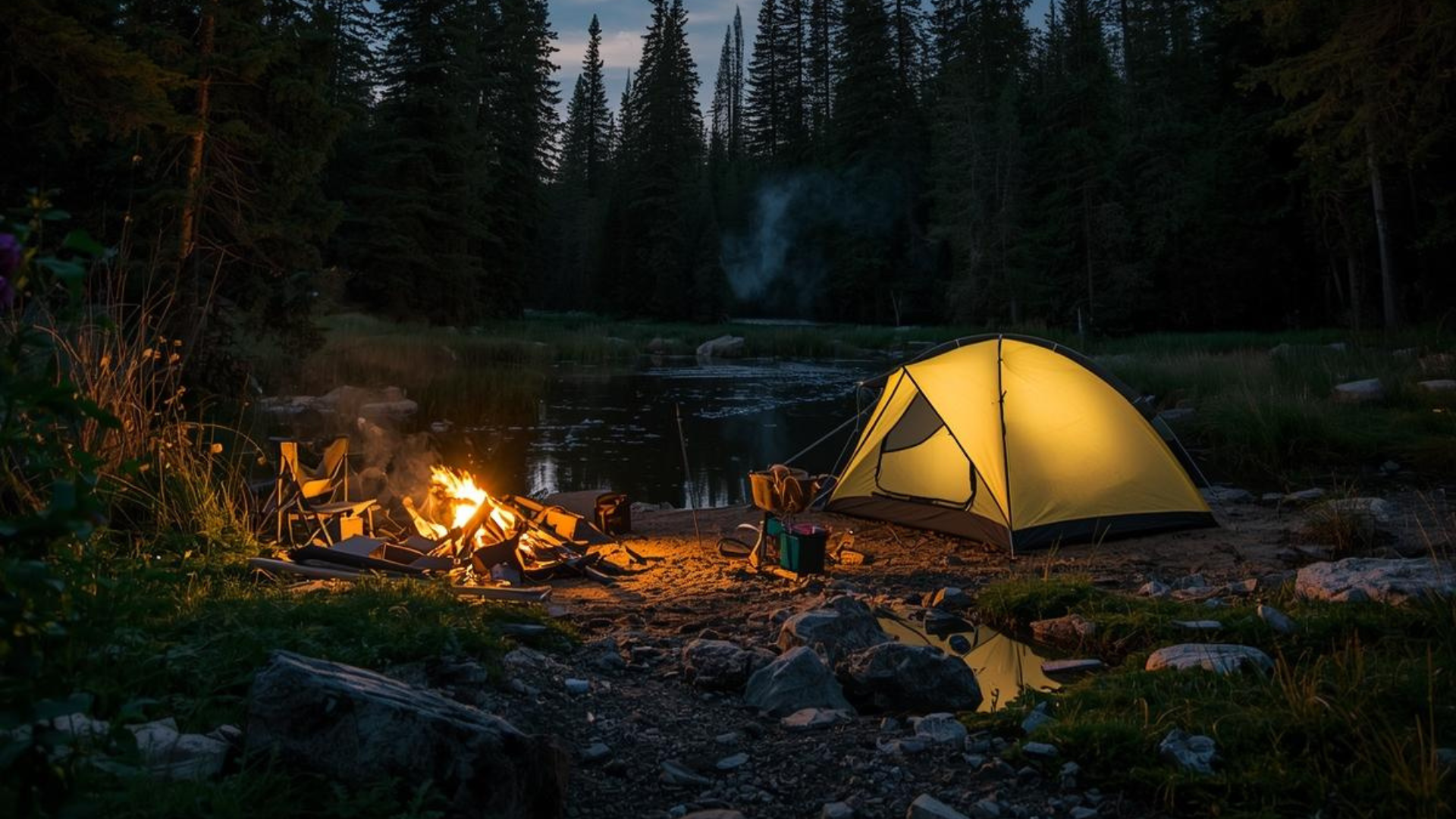 Camping scene at dusk: illuminated yellow tent, campfire, forest, and body of water.