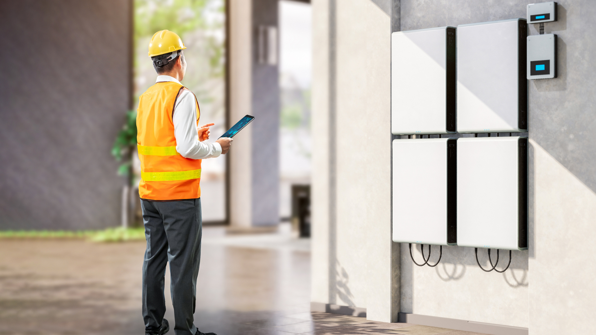 Electrician in safety vest examines solar panel in an indoor setting.