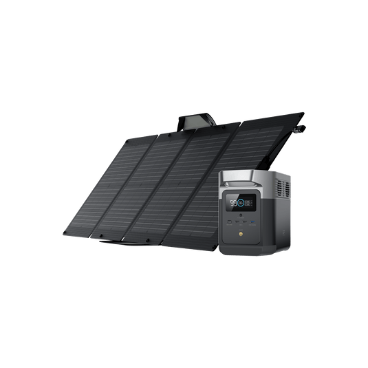 Foldable solar panel set up with a black power station.