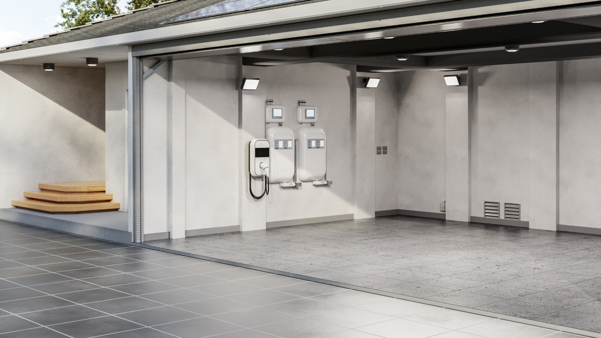 Modern garage interior with electric car charging stations, gray floor, white walls, and open door.