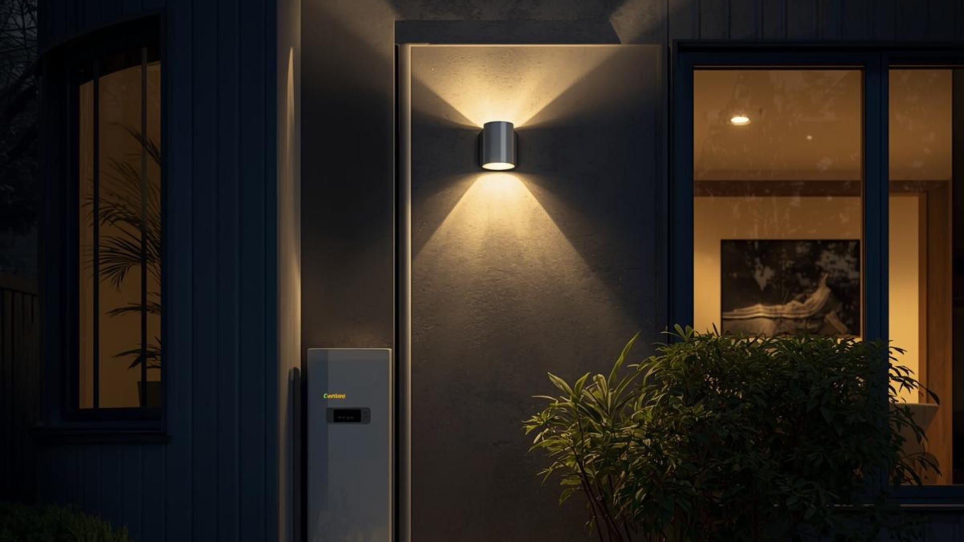 Exterior wall with sconce lighting, illuminating the facade, with window and mailbox.