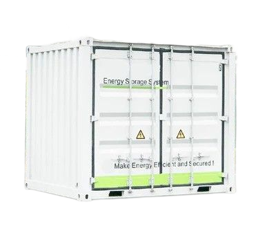 White energy storage system container with green accents and caution symbols.