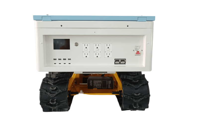 White boxy robot with track treads.  Sky blue top. Yellow support. Black treads.