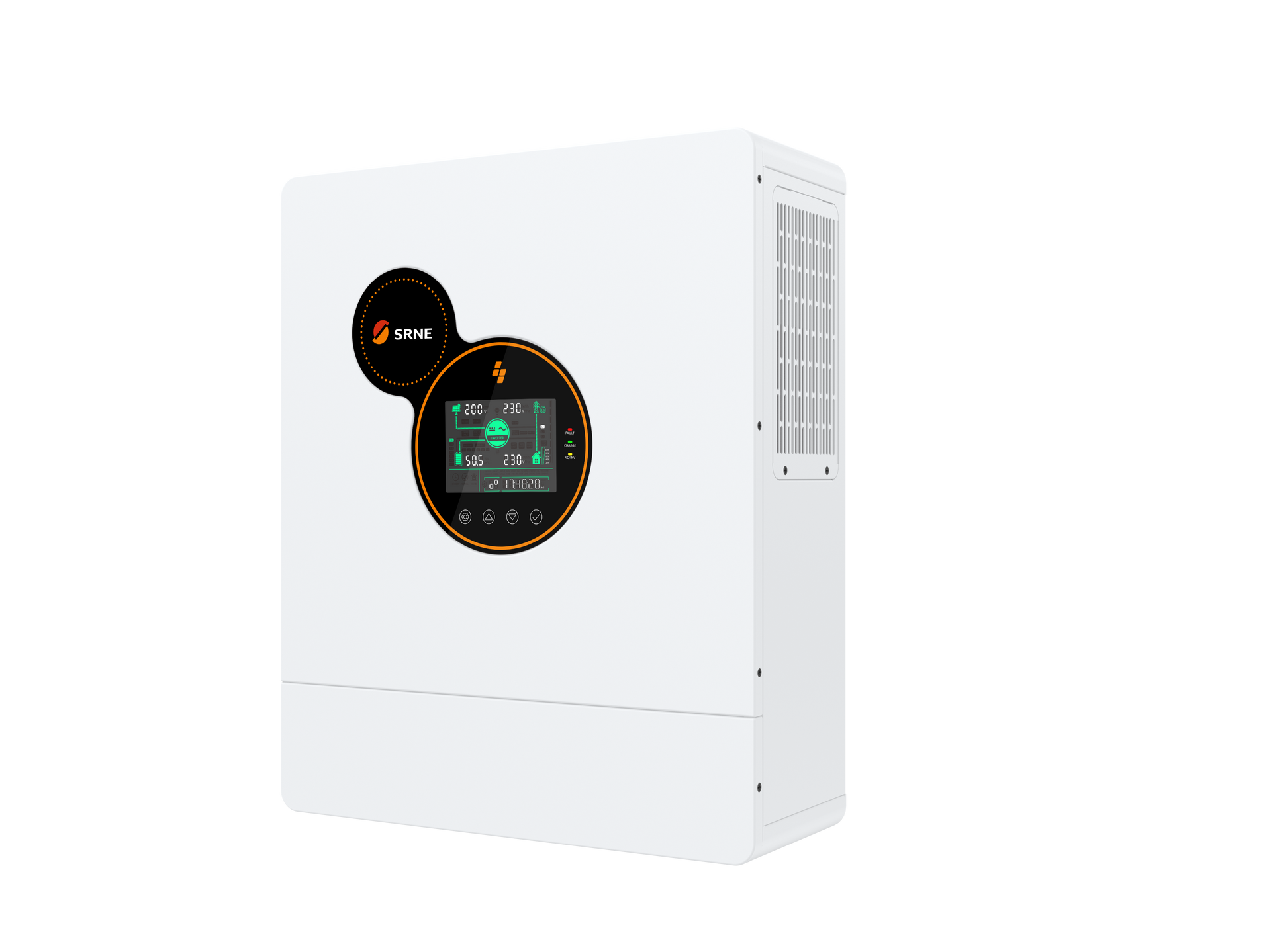 White solar inverter with a display next to two battery packs on a white stand.