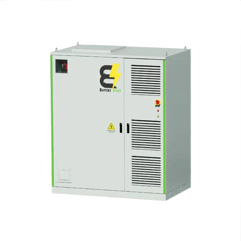 A gray industrial cabinet with green accents. Features a logo, ventilation, and a warning symbol.