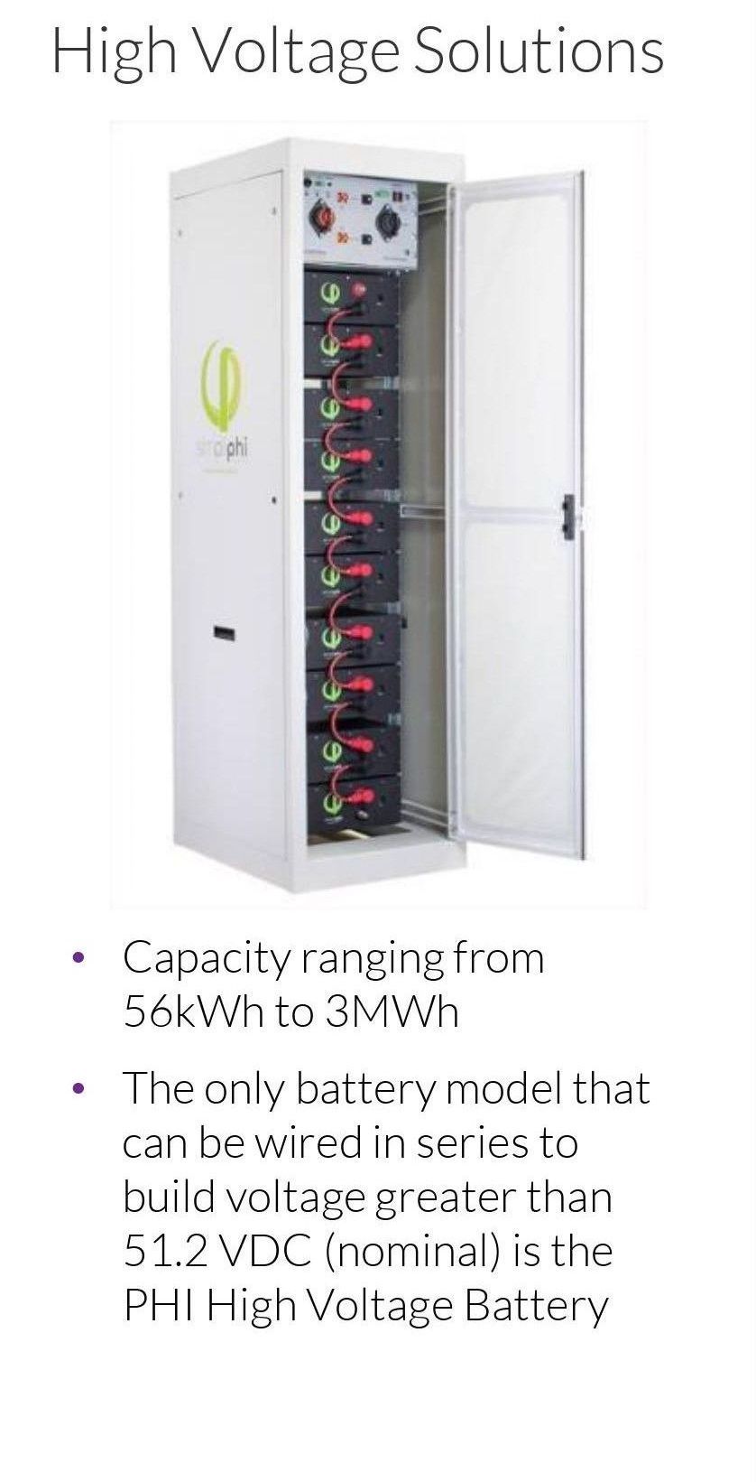 High voltage battery cabinet with open door, labeled 