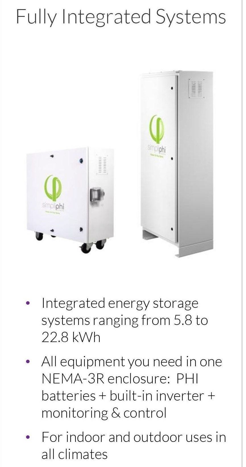 Two white energy storage systems with integrated batteries, inverters, and monitoring, for indoor or outdoor use.