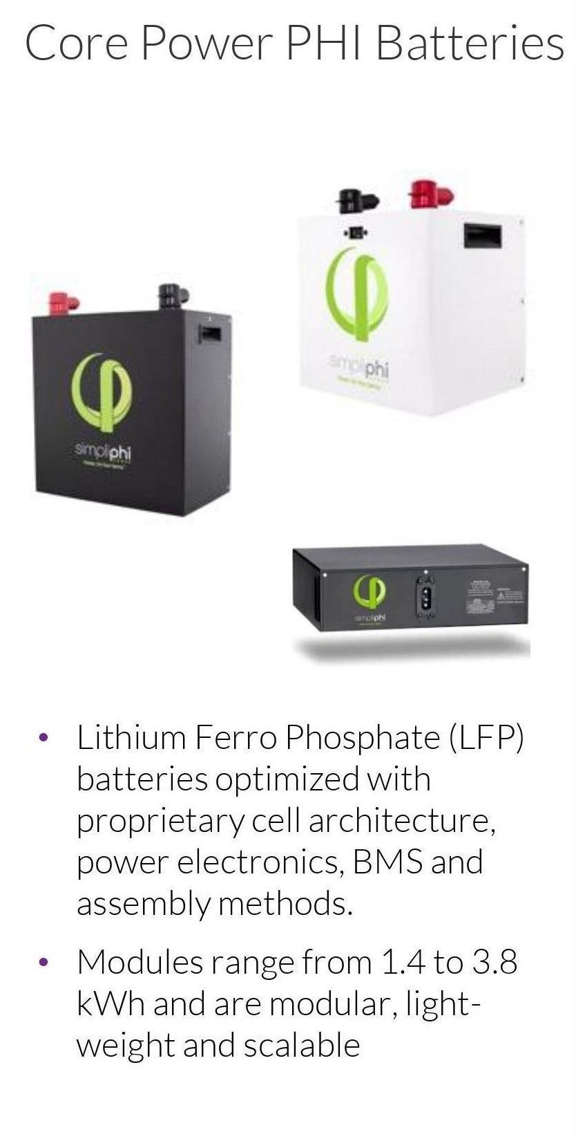 Three battery modules: black, white, and gray. Text reads 