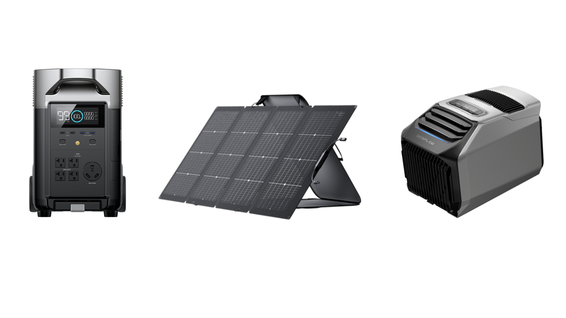 A portable power station, solar panel, and air conditioner set on a white background.