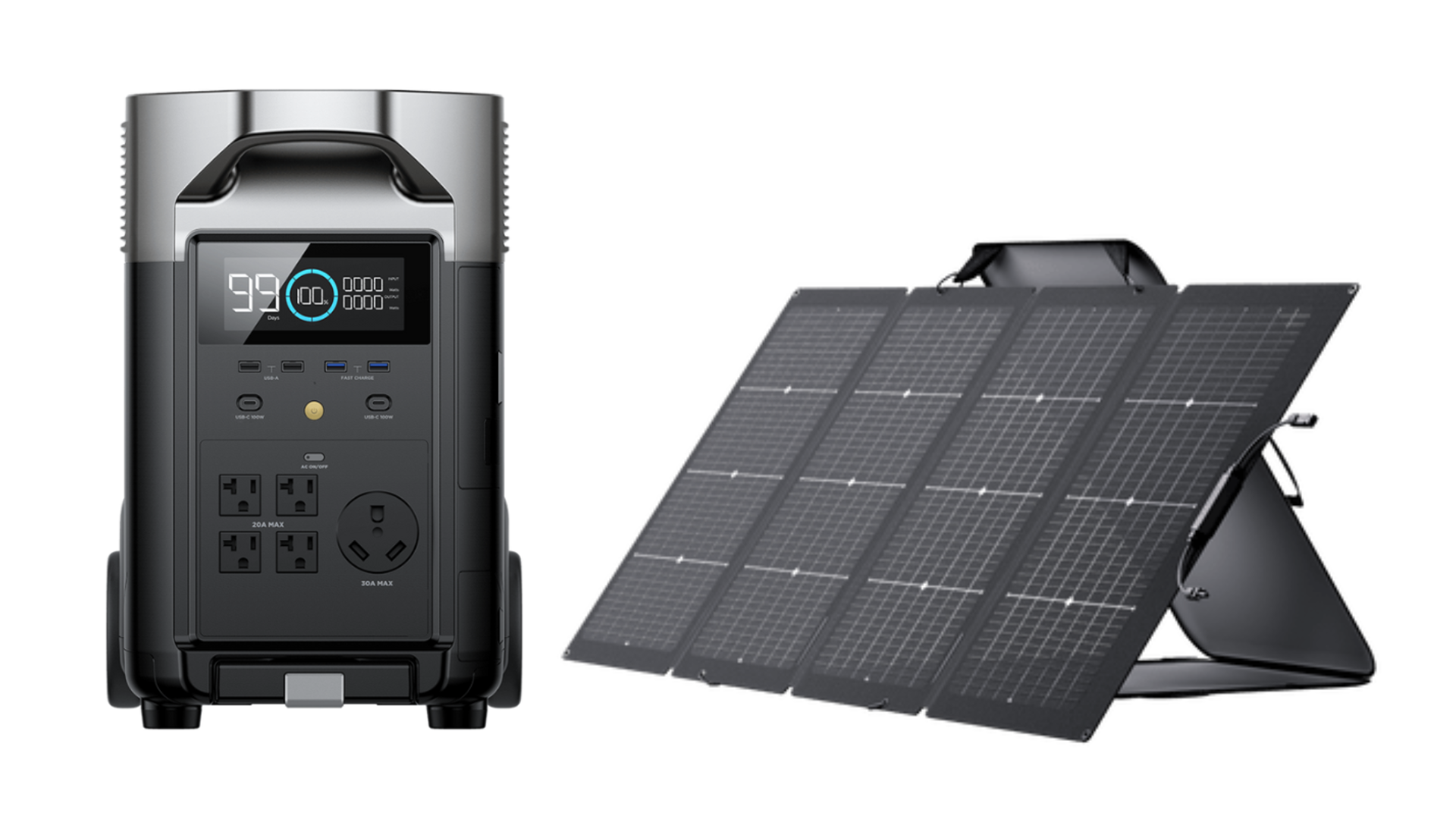 A portable power station with a solar panel; black and silver, generating electricity.