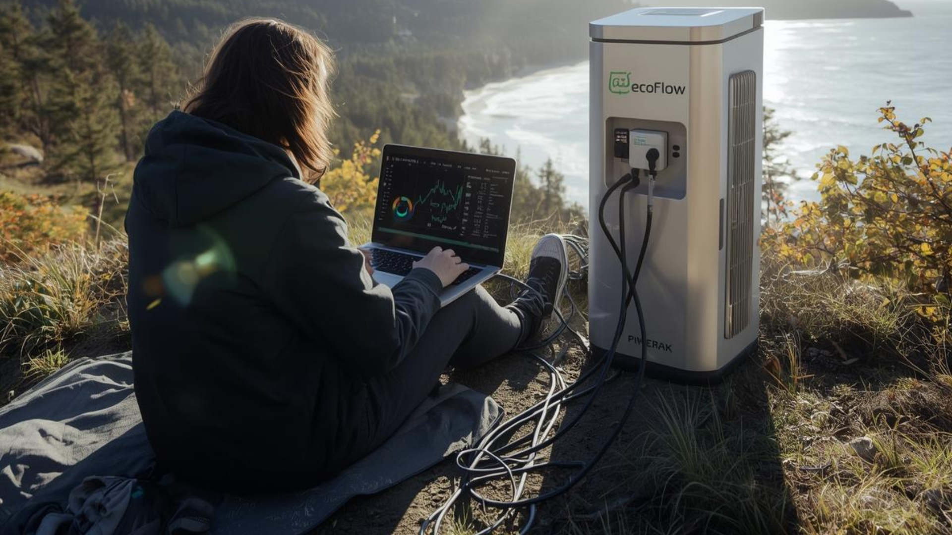 Person using laptop, powered by a portable generator, overlooking a coastal landscape.