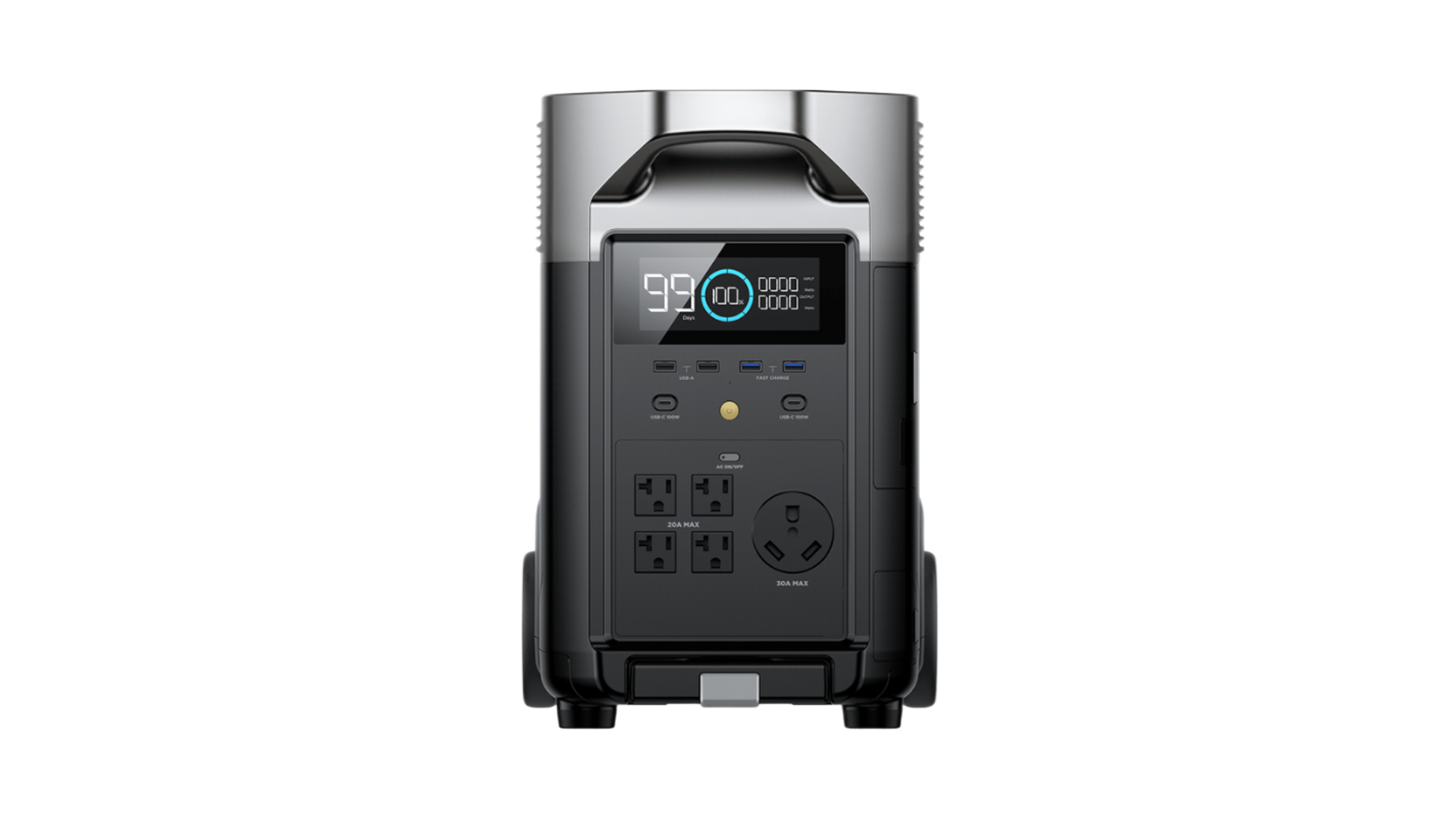 Black and silver portable power station with a digital display and various output ports.