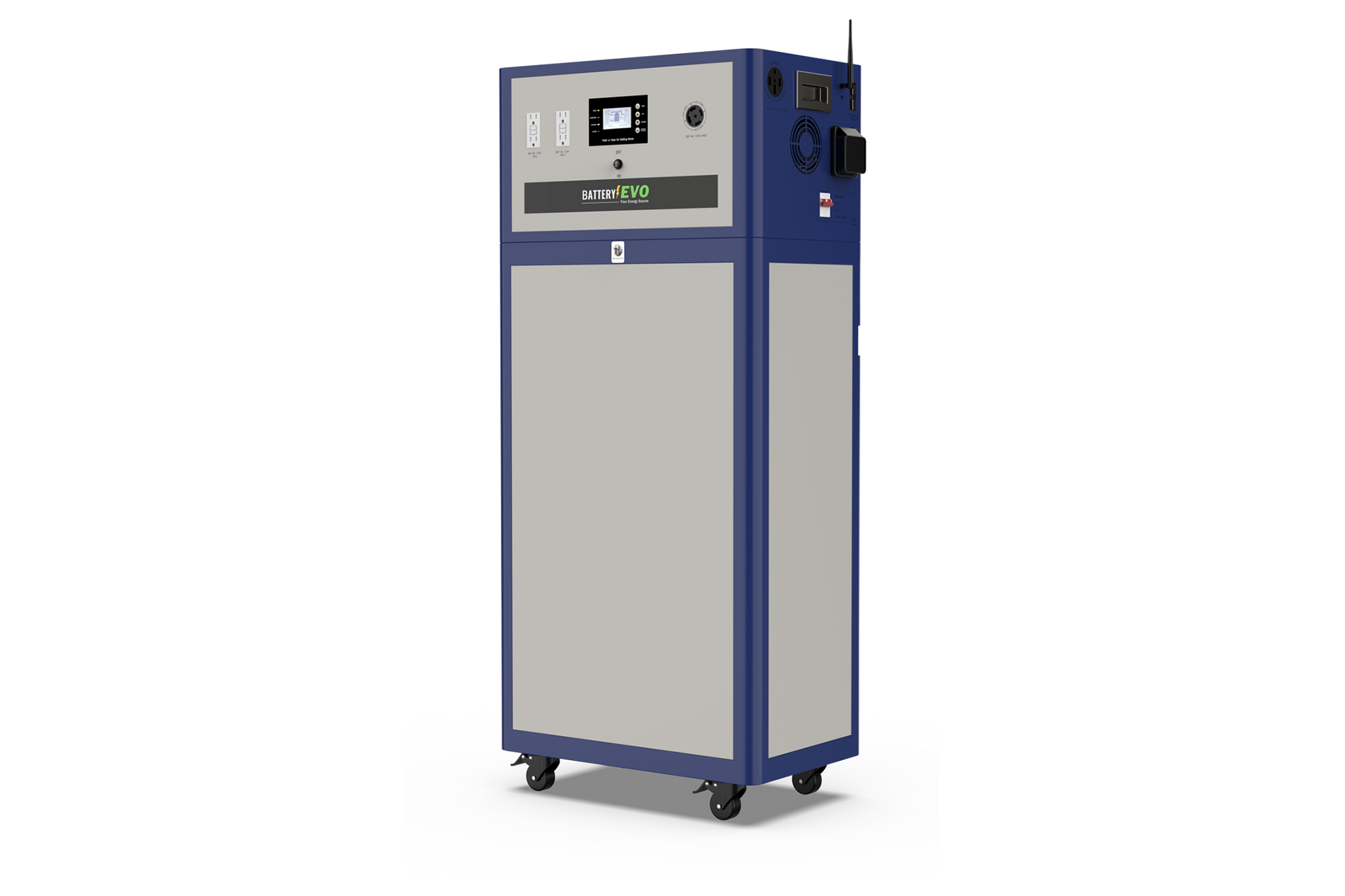 Blue and gray air purifier on wheels, with a display and antenna, for indoor use.