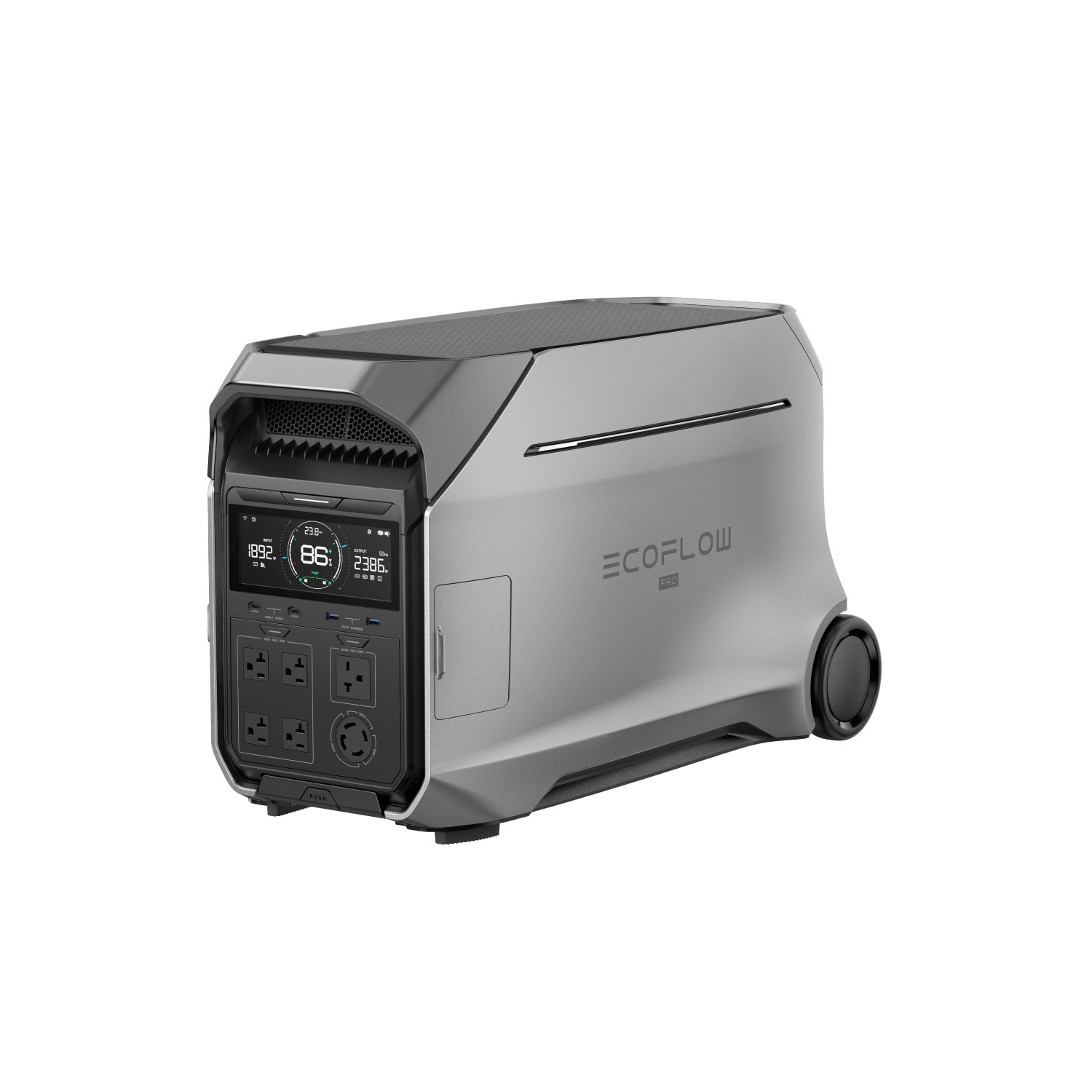 Gray EcoFlow Delta Pro portable power station with outlets, a display, and a black handle.