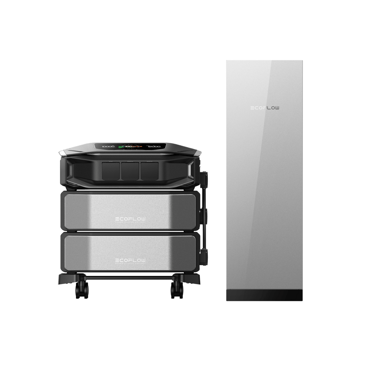 Stackable silver and black power station with attached wheels; displays a 