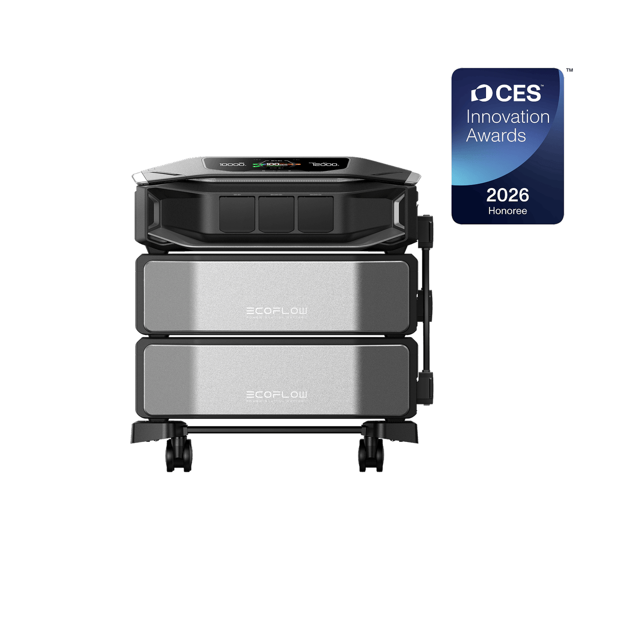 Stackable silver and black power station with attached wheels; displays a "CES Innovation Awards 2024" badge.