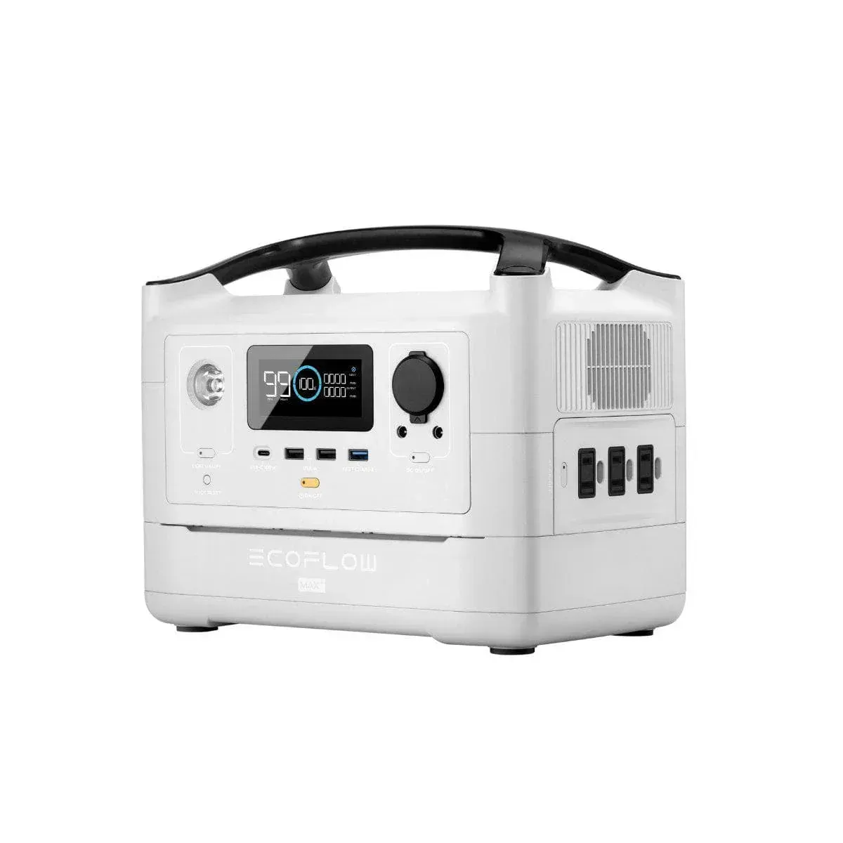 White portable power station with black handle, digital display, and various output ports.