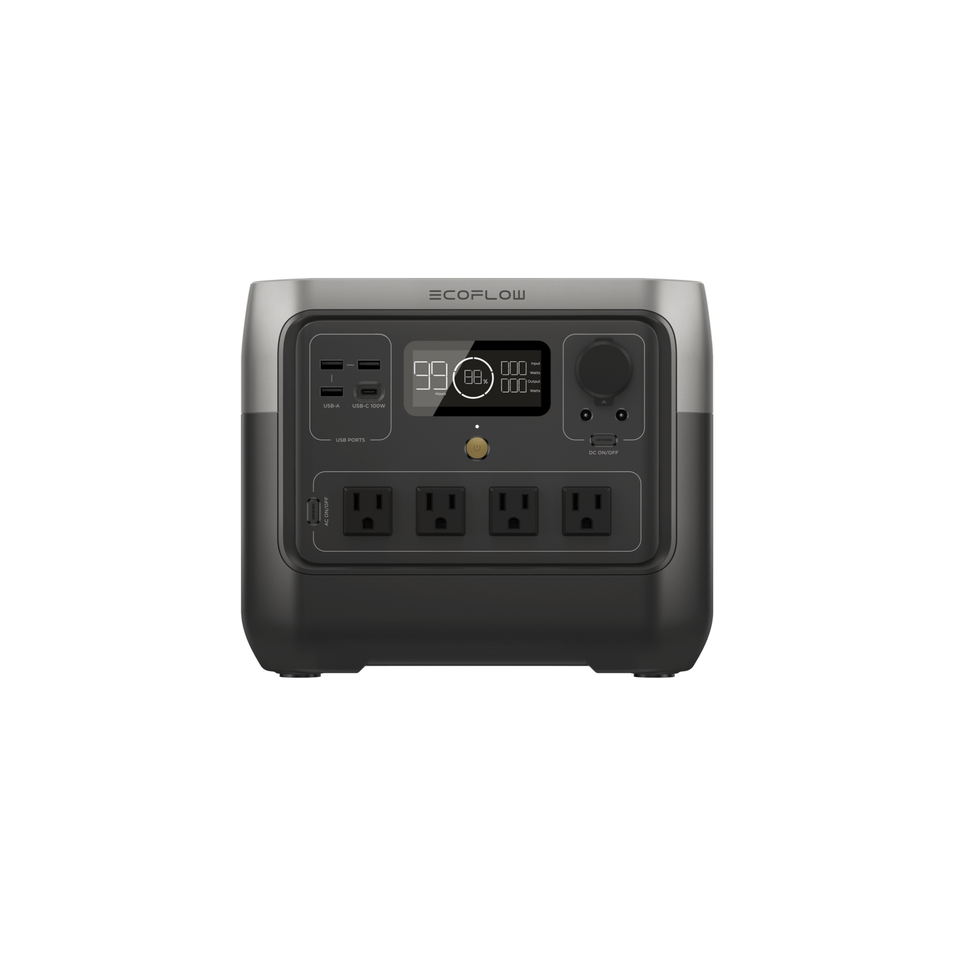 Portable power station with a dark gray and black color scheme, digital display, and multiple outlets.