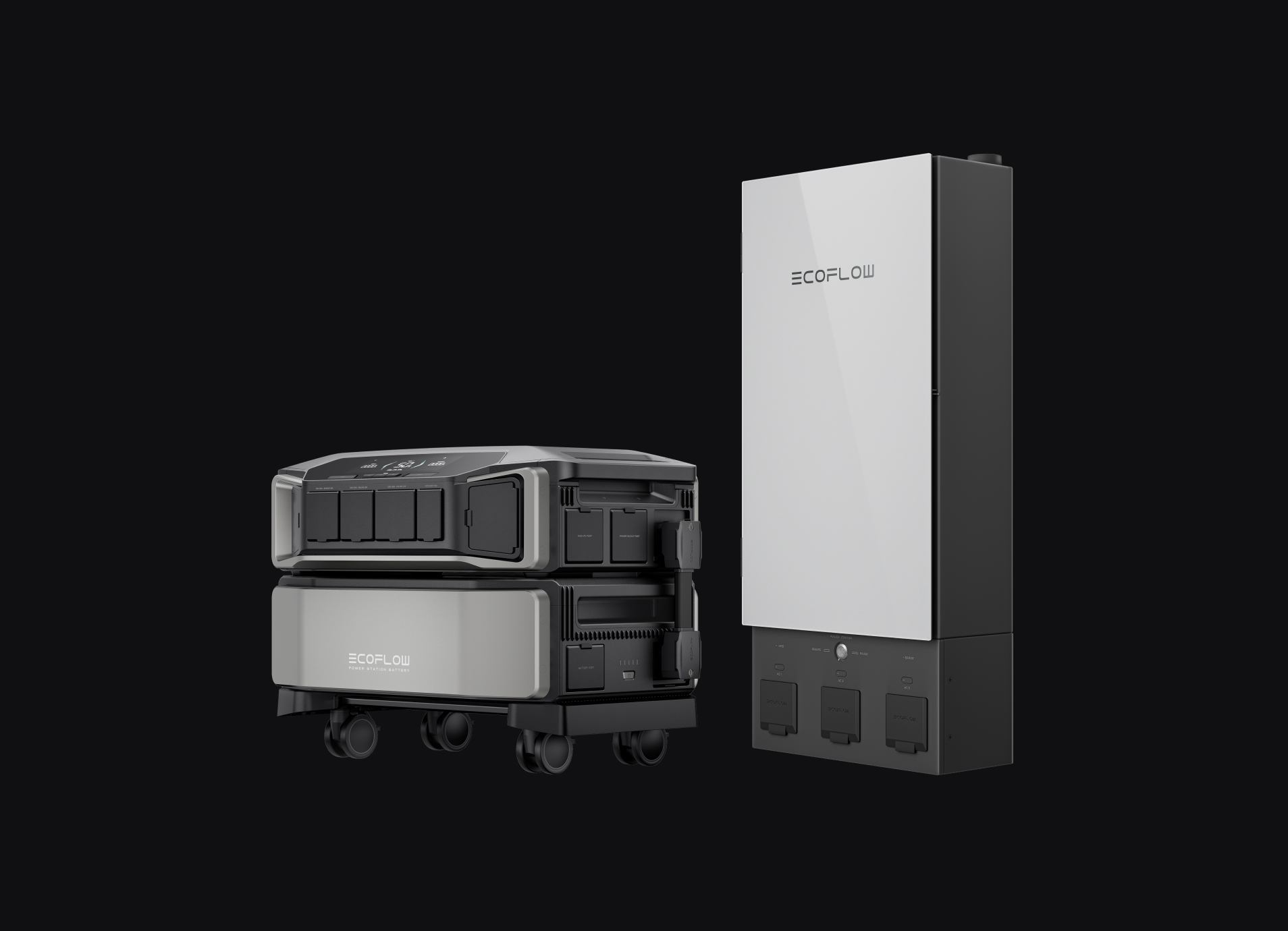 A silver and black portable power station on wheels, against a black background.