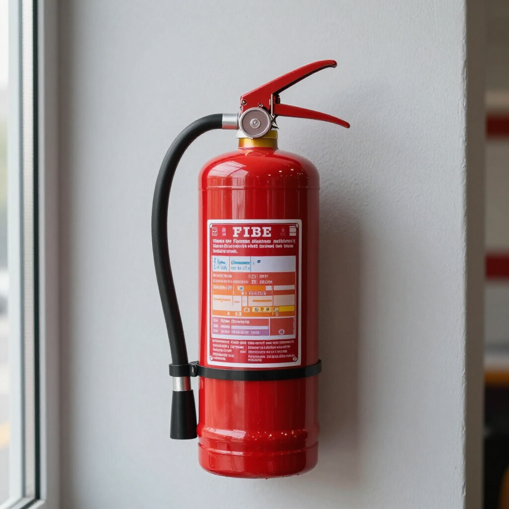 Extintor rojo instalado en pared para seguridad contra incendios