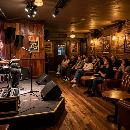 Small live music venue with seated audience watching a performer on stage under warm lighting
