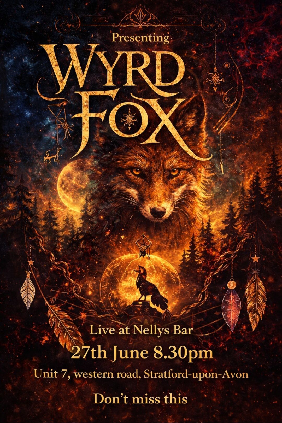 Concert poster for Wyrd Fox, live at Nelly’s Bar, 27th June 8.30pm, with fiery fox artwork and small figure below