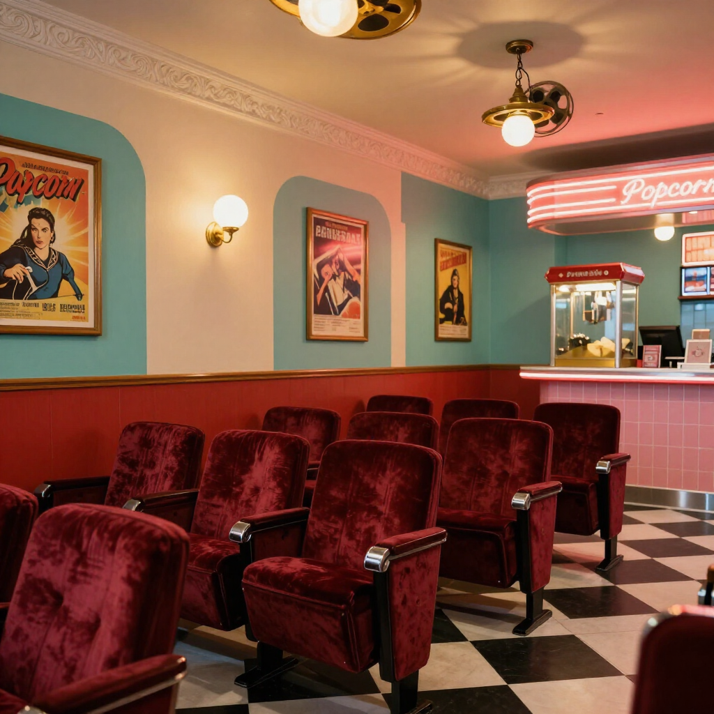 Retro movie theater with red velvet seats, checkered floor, and neon popcorn stand