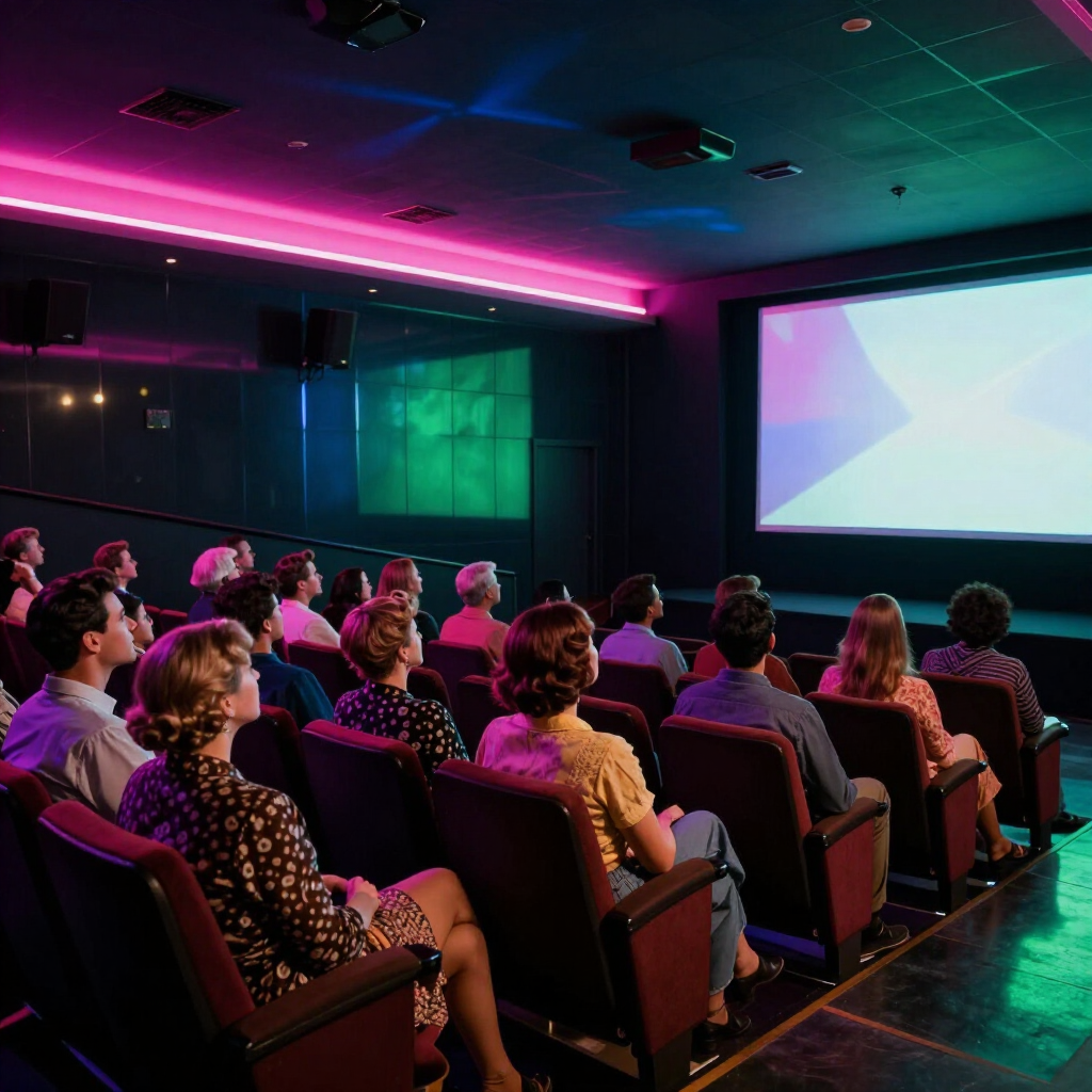 Audience watching a presentation in a neon-lit conference room with a large projected screen