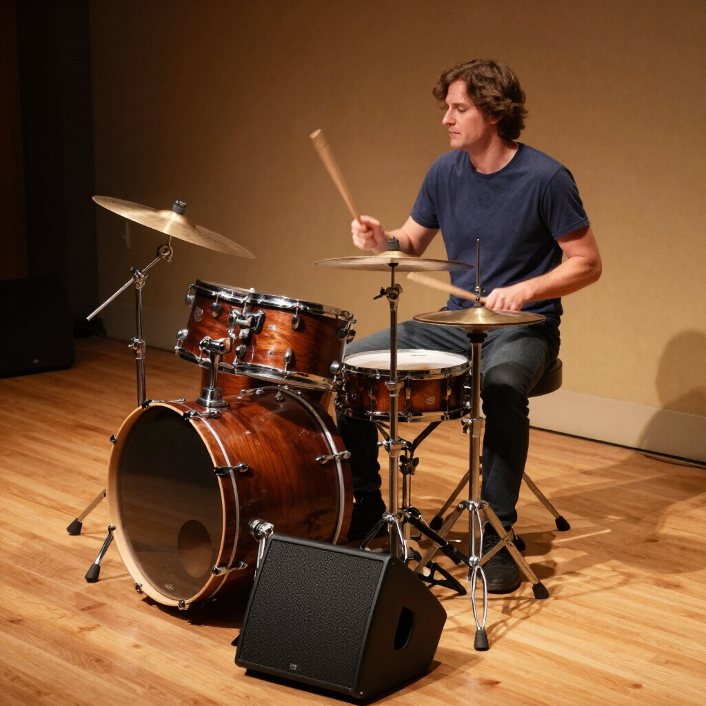 Drummer playing a brown drum kit on a wooden stage beside a black monitor speaker