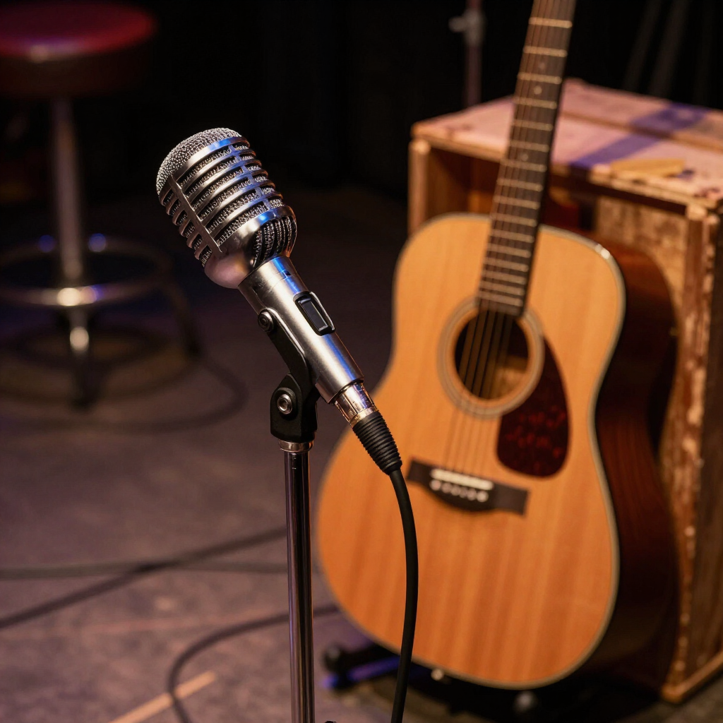 Vintage microphone in front of an acoustic guitar on a stage, with a speaker cabinet in the background