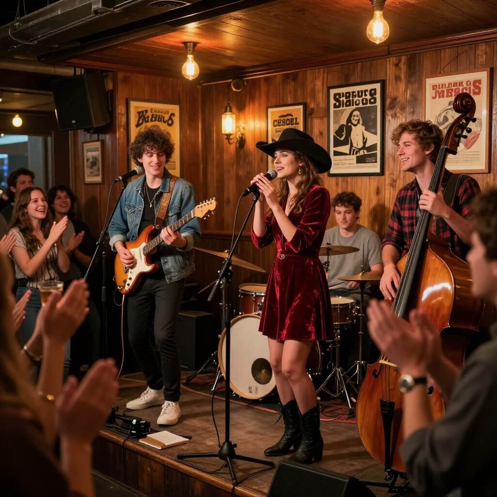 Live band performing on a cozy stage, with singer in red dress, guitarist, and upright bassist under warm lights
