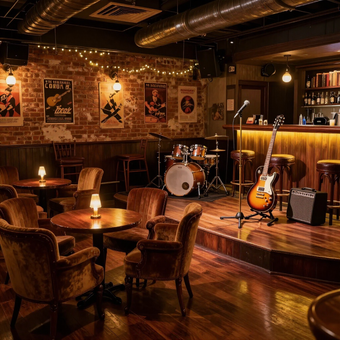Cozy jazz lounge with velvet chairs, candlelit tables, a stage with drum kit, guitars, and warm amber lighting