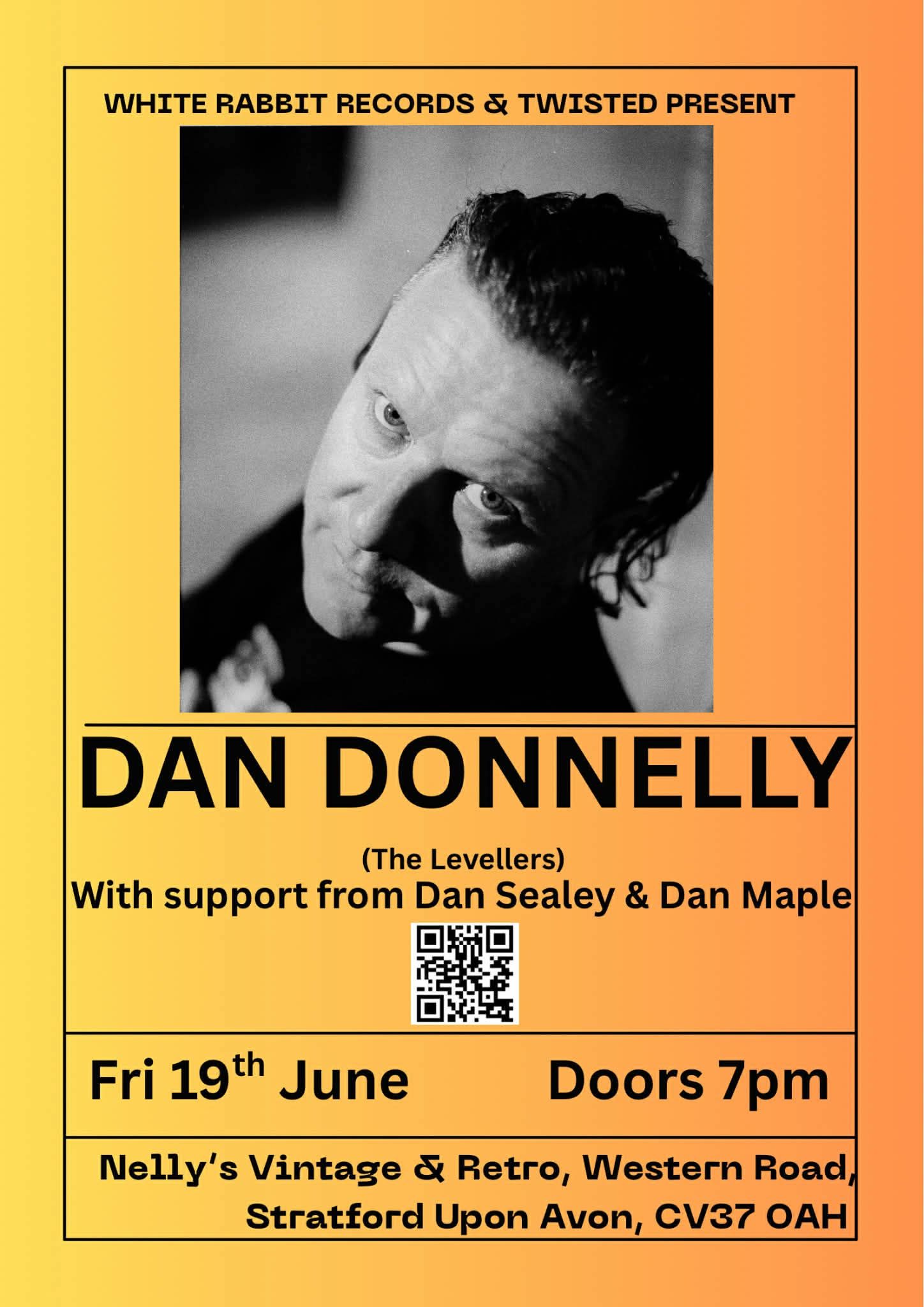 Concert poster for Dan Donnelly, black-and-white portrait on orange background, Fri 19th June, doors 7pm