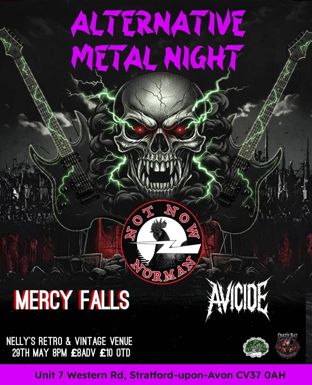 Concert poster with skull artwork for “Alternative Metal Night,” featuring Mercy Falls and Amide.
