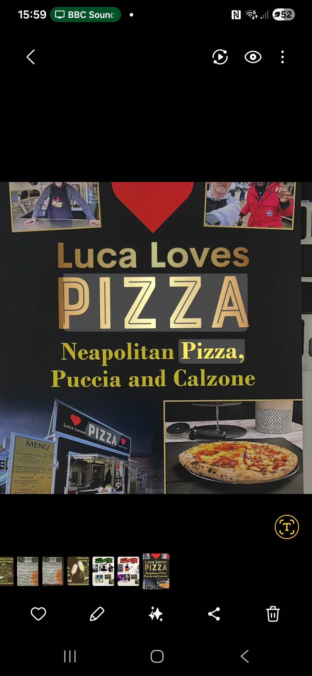Pizza-themed poster reading “Luca Loves Pizza” with Neapolitan pizza, pizza, and calzone images on a black background