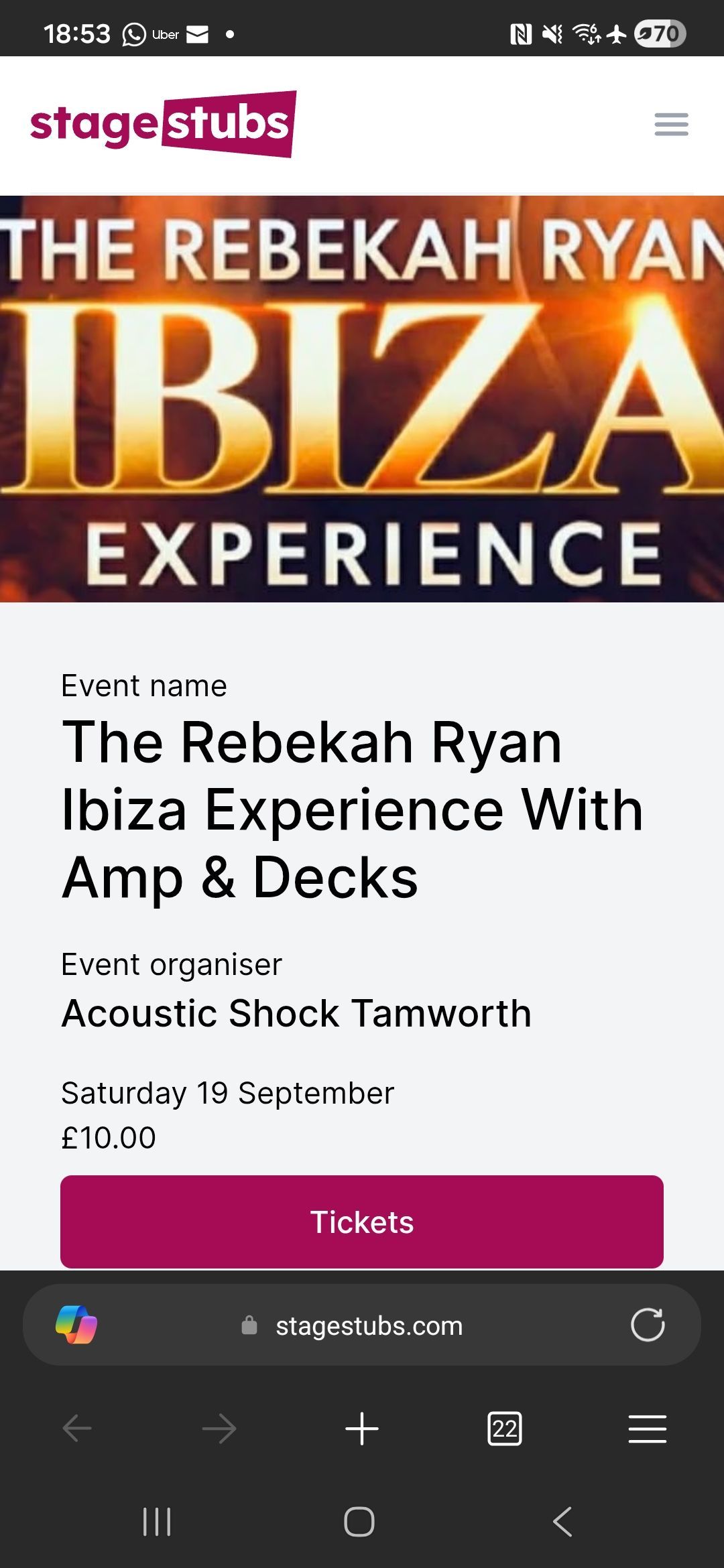 StageStubs ticket page for The Rebekah Ryan Ibiza Experience, with a magenta 