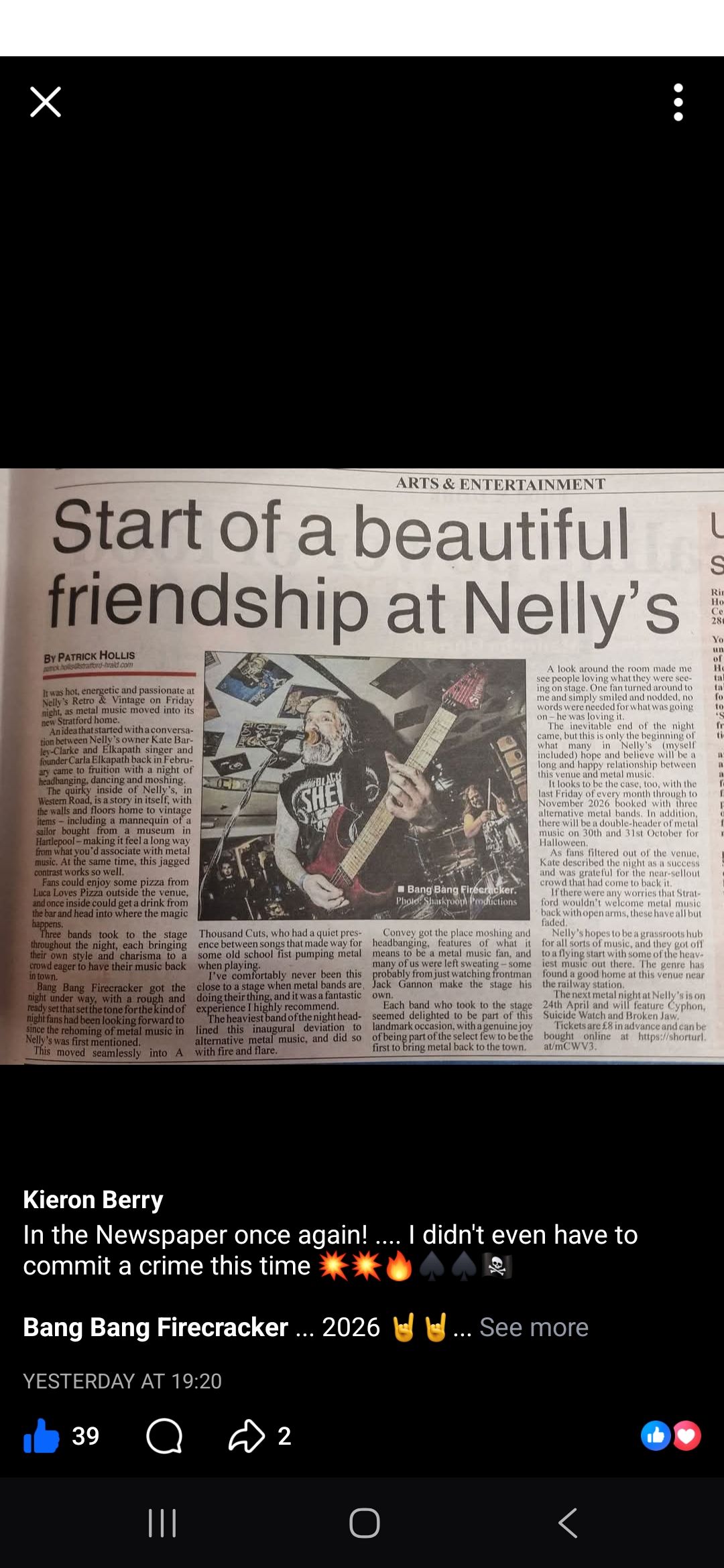 Newspaper clipping titled “Start of a beautiful friendship at Nelly’s” with a small photo and article text.